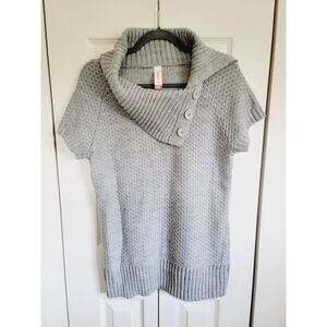 No Boundaries Jr. L Short Sleeve Woman's Grey Sweater Mock Turtleneck Button NEW